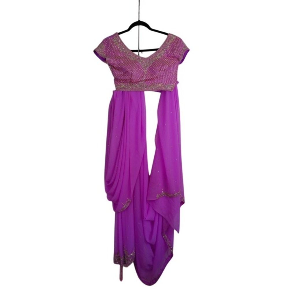 Purple‎ Beaded Saree with Matching Embroidered Blouse Set Gold Accents